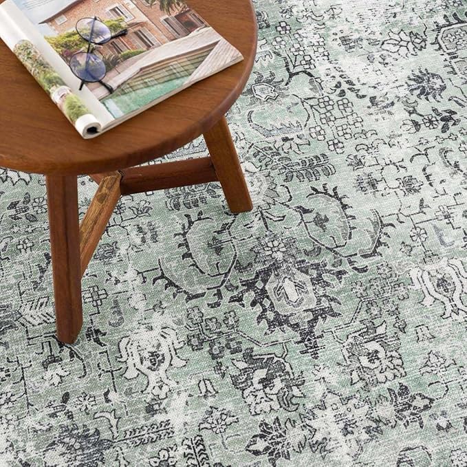 Hauteloom Wentworth Bohemian Vintage Medallion Area Rug - Farmhouse Oriental Carpet for Living Room, Bedroom - Machine Washable- Olive, Dark Green - 5' x 7'6"