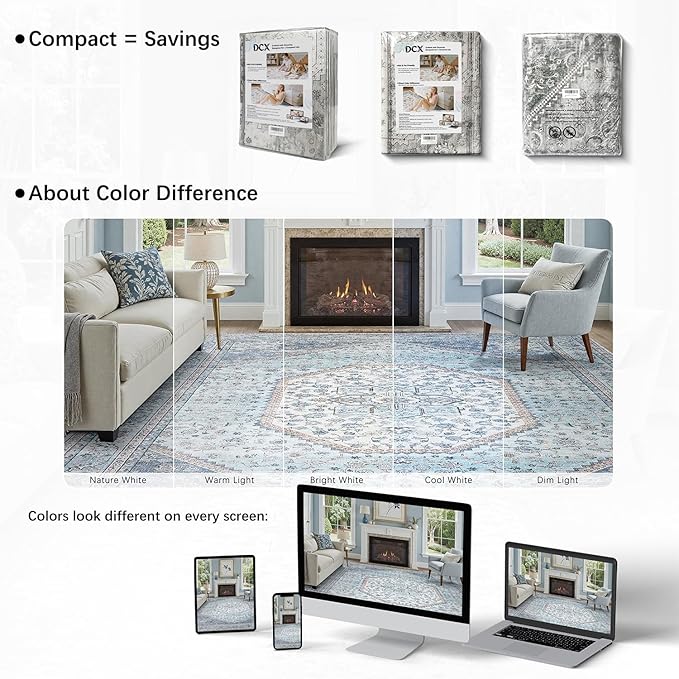DCX Blue 5x7 Area Rug, Machine Washable Non Slip Stain Resistant Rug, for Living Room, Bedroom, Playroom, Soft Low Pile Large Nursery Carpet