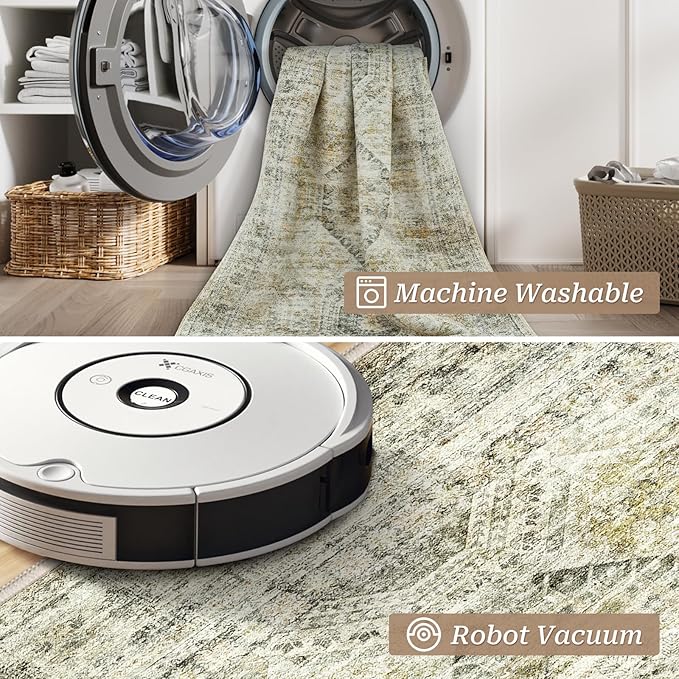 2x5 Rug Runner Washable for Entryway, Soft Bathroom Rugs with Non-Slop Backing, Abstract Low Pile Hallway Runner, Vintage Small Kitchen Carpet for Stair, Laundry Room(2'x5', Grey/Yellow)