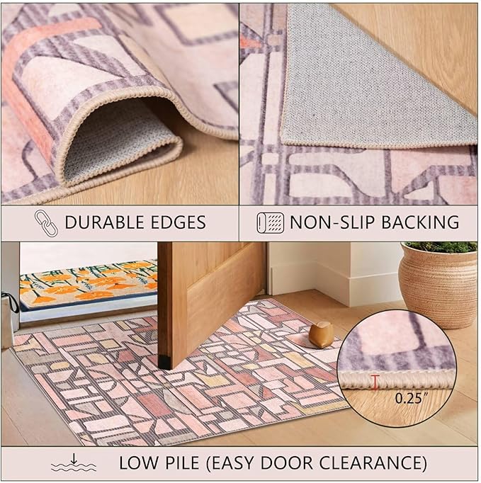 DEXDE 5x7 Area Rug, Vintage Checkered Abstract Rugs for Living Room, Non Slip Washable Large Low Pile Soft Modern Floor Carpet for Dining Room Bedroom Kitchen Office Nursery Playroom, Pink