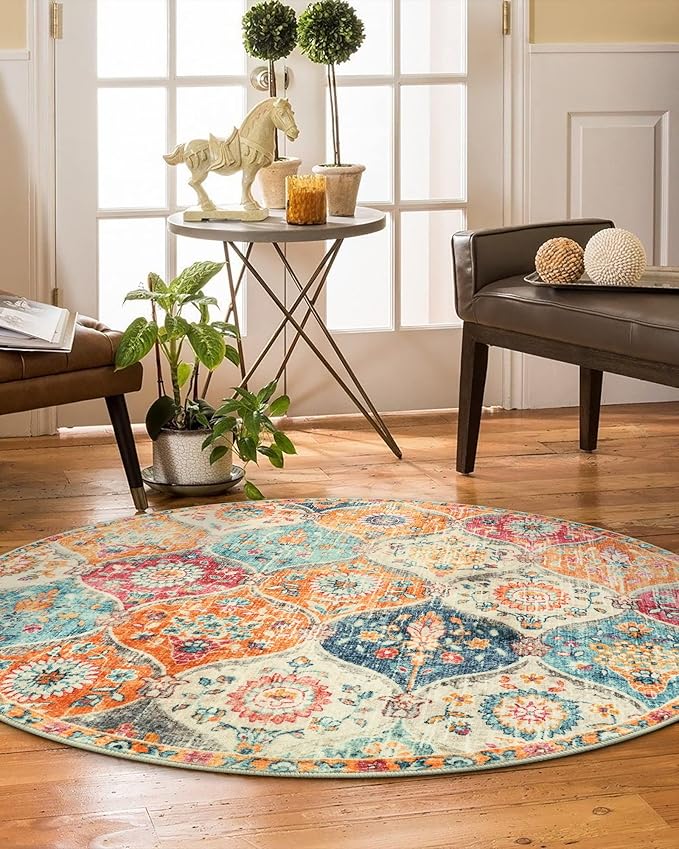 Lahome Moroccan Trellis Washable Round Rugs, Non-Slip Soft Round Rug 4ft Ultra-Thin, Small Vintage Circle Carpet for Entryway Kitchen Bedroom Nursery Bathroom, Cream/Multi
