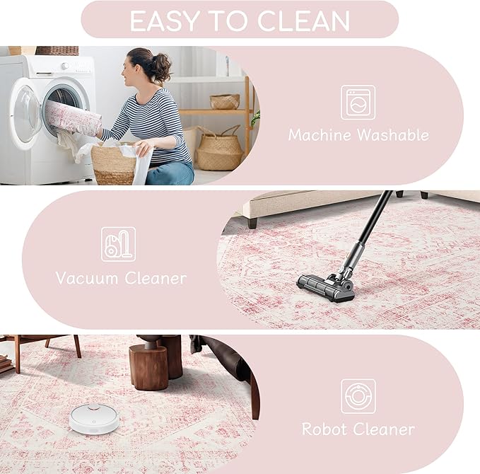 Area Rug - 3x5 Washable Pink Rug Honeycomb Non Slip Retro Rugs Soft Faux Wool Carpet Foldable & Machine Washable Rugs for Living Room Bedroom Dining Room Kitchen