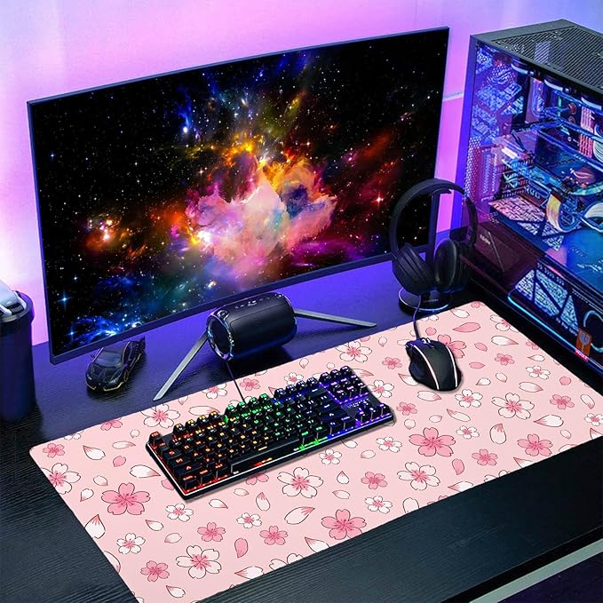 Pink Cherry Blossom Gaming Mouse Pad Extended 3XL Cute Anime Aesthetics Floral Kawaii Flower Large Mousepad Non-Slip Rubber Base Stitched Edge Long Keyboard Desk Mat for Computer,47.2x23.6 In,120x60cm