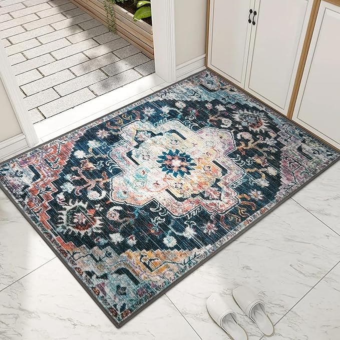 Collive Retro Floor Mat, Non-Slip Washable Doormat, Large Size Quick-Dry Welcome Mat, Low-Pile Front Door Rug, 32" x 48", Colorful