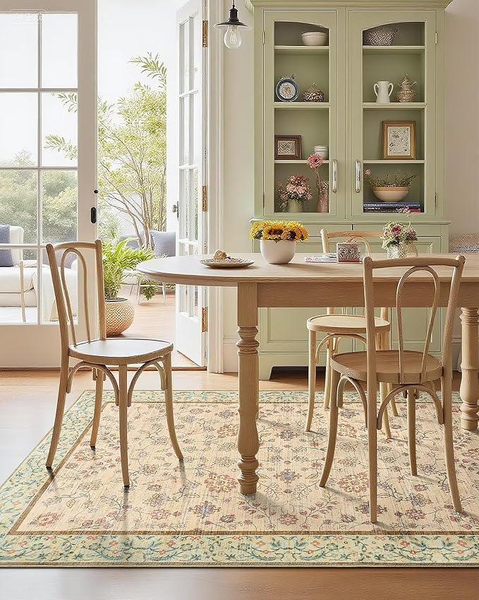 6x9 Area Rugs for Living Room, Boho Washable Bedroom Rug, Vintage Floral Non Slip Rugs, Soft Low Pile Carpet for Kitchen Dining Room Office Farmhouse, Beige/Green