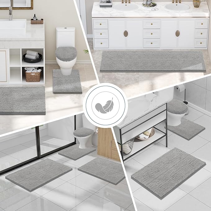 Smiry Luxury Chenille Bathroom Rugs 59x35, Extra Soft and Absorbent Shaggy Bath Mat, Machine Washable, Non-Slip Plush Carpet Runner for Tub, Shower, and Floor, Home Decor Accessories, Light Grey