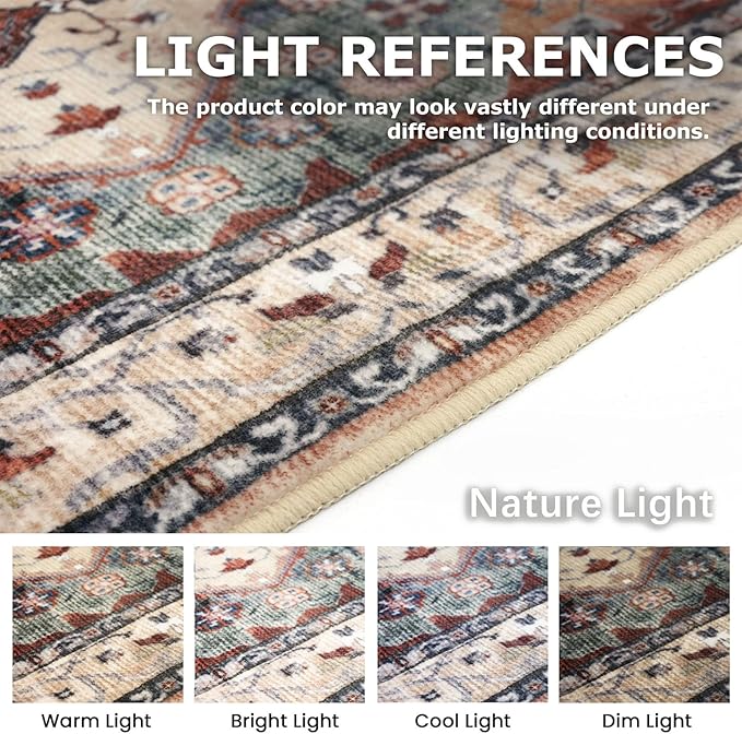KOZYFLY Boho Area Rug 5x7 Ft Thin Rugs for Living Room Washable Bedroom Rug Non Slip Rugs for Living Room Rust/Orange/Blue Printed Faux Wool Vintage Bedroom Rug Floor Carpet for Dining Room