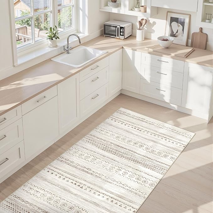 Area Rug Living Room Rugs - 3X8 Washable Boho Farmhouse Bohemian Neutral Large Moroccan Geometric Soft No Slip Indoor Thin Floor Carpet for Bedroom Under Dining Table Home Office - Brown