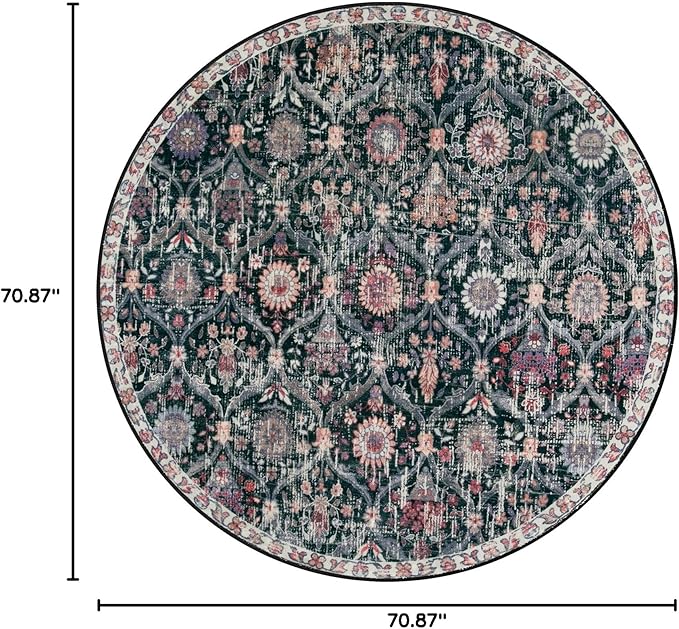 Lahome Moroccan Trellis Washable Round Area Rug, Soft Round Rugs 6ft Ultra-Thin Non-Slip, Vintage Large Circle Carpet for Bedroom Living Room Kitchen Nursery, Black/Multi