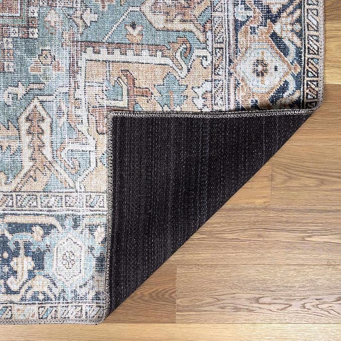 Hauteloom Nyx Vintage Distressed Faded Area Rug - Oriental Bohemian Turkish Floral Carpet - Machine Washable Rug - Stain Resistant - Pet Friendly - Brown, Sage, Olive, Green - 5'3" x 7' (5x7)