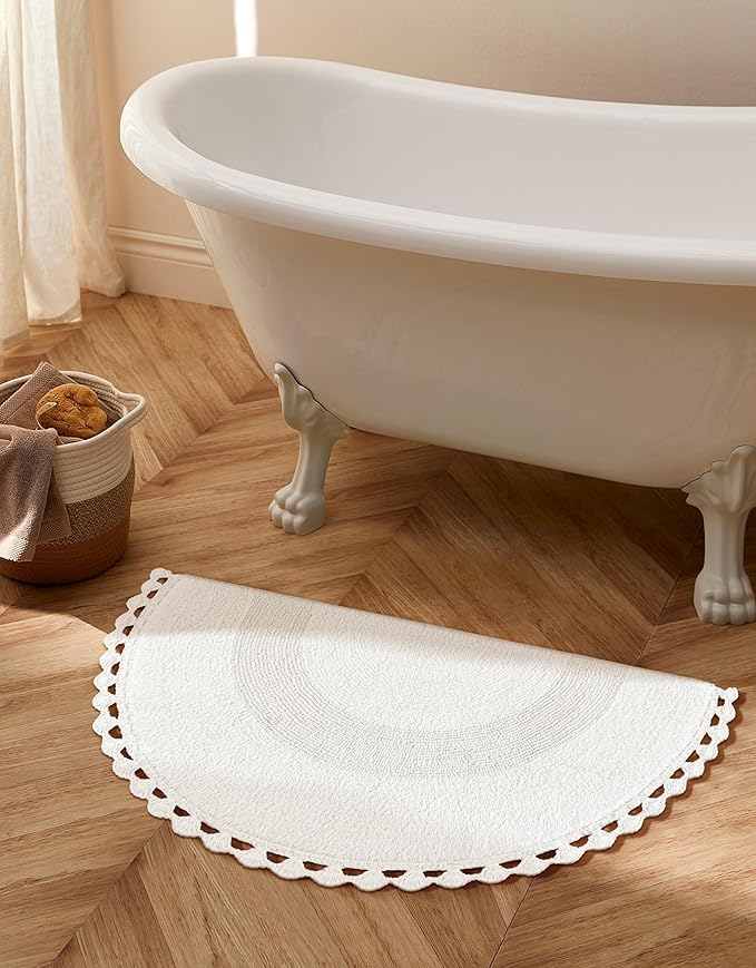 Savi Home Half Moon Circle Bohemian Bathroom Rug with Handwoven Chrochet Border, Beautifully Handcrafted 100% Cotton Mat - 22x42, Half Round Bedroom Rug, Boho Bathroom Décor,Machine Washable -White