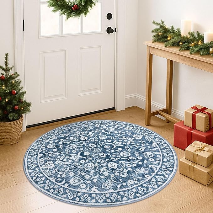 Blue and White Round Rug 3 Ft Rugs for Entryway Washable Circle Entrance Rug Non Slip Round Doormat Indoor Printed Faux Wool Round Front Door Mat Floor Carpet for Backdoor, Bedroom