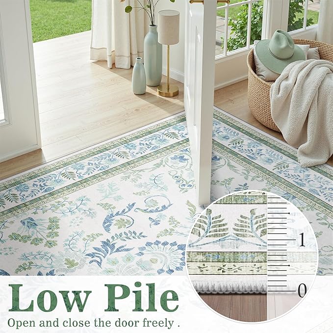 DCX Green 5x7 Area Rug, Machine Washable Non Slip Stain Resistant Soft Vintage Floral Rug, for Living Room, Bedroom, Playroom, Soft Low Pile Large Nursery Carpet