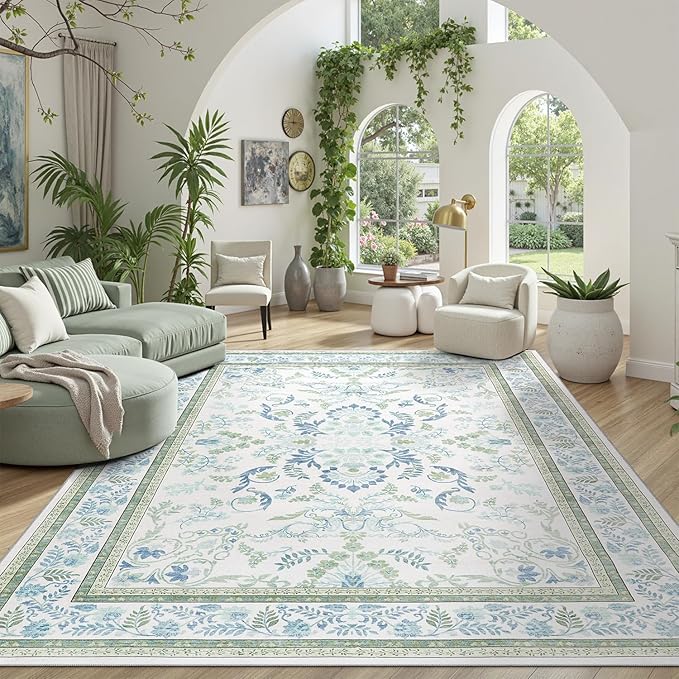 DCX Green 5x7 Area Rug, Machine Washable Non Slip Stain Resistant Soft Vintage Floral Rug, for Living Room, Bedroom, Playroom, Soft Low Pile Large Nursery Carpet