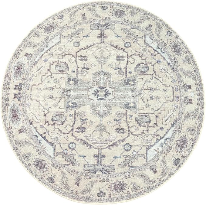 GLN Rugs Bohemian Collection - Machine Washable Area Rug, Bohemian Vintage, Non Slip, Low Pile Chenille Rug, Living Room, Bedroom, Bathroom Rug (5'3" Round Beige/Gray)