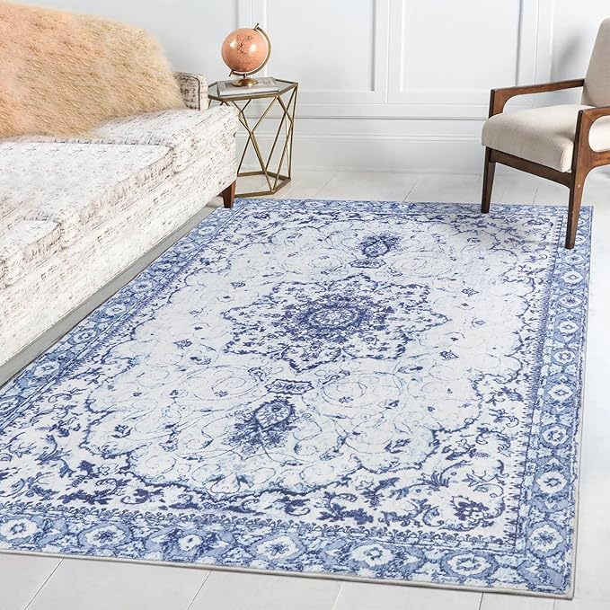 Area Rug 5x7 - Vintage Floral Honeycomb Non Slip Backing Carpet - Blue Softer Thicker Faux Wool Rug - Foldable & Machine Washable Rugs for Living Room Bedroom Dining Room Home Office