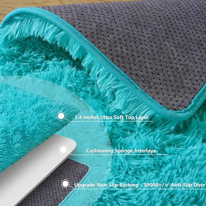 Teal Blue Shag Rug for Bedroom, 4x5.9 Feet Fluffy Area Rugs for Living Room and Nursery, Soft and Comfy, Fuzzy Carpet for Girls Boys Kids Room Dorm Home Decor Aesthetic, Upgrade Non Slip