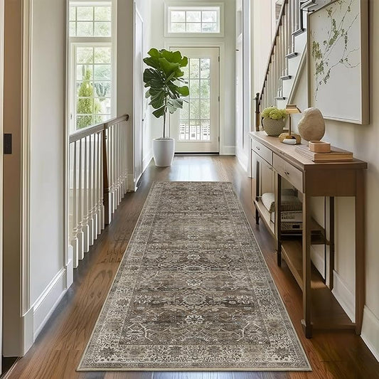 2x6 Runner Rug Grey Brown Vintage Washable Runner Rugs for Hallway Kitchen Low Pile Non-Slip Retro Distressed Accent Throw Carpet for Entryway Bathroom Bedroom Antique/Moss