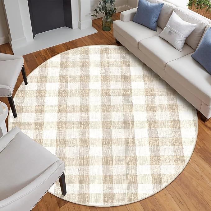 COLORPAPA Checkered Area Rug 9 Ft, Washable Round Rugs for Living Room, Modern Neutral Non Slip Indoor Carpet for Bedroom Office Patio Dining Room (Beige)