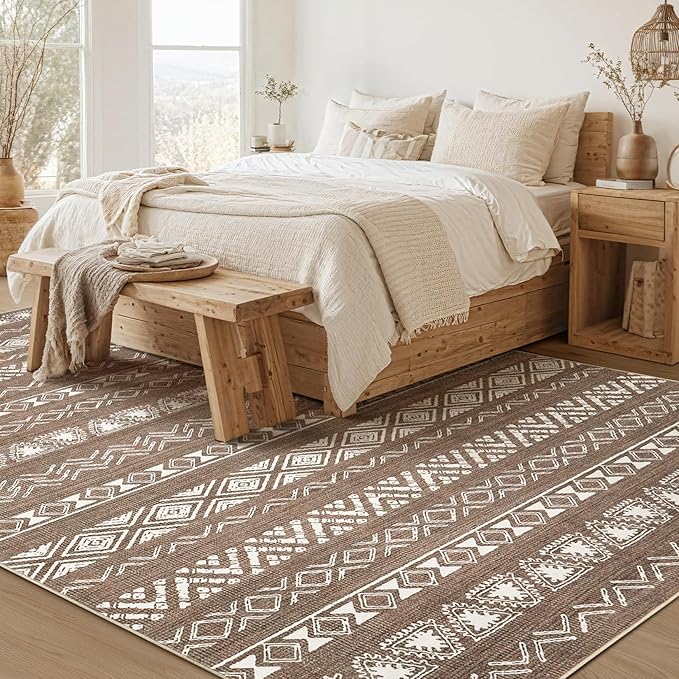 Area Rug Living Room Rugs - 6X9 Washable Boho Farmhouse Bohemian Neutral Large Moroccan Geometric Soft No Slip Indoor Thin Floor Carpet for Bedroom Under Dining Table Home Office -Dark Brown