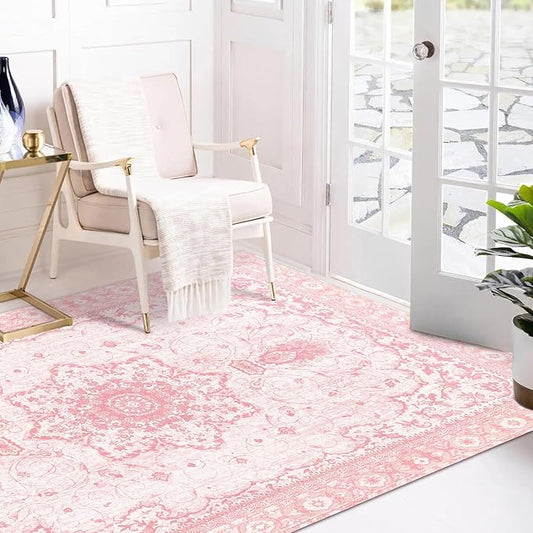 Area Rug 3x5 - Vintage Pink Honeycomb Non Slip Backing Area Rugs Soft Faux Wool Carpet Foldable & Machine Washable Rugs for Living Room Bedroom Dining Room Home Office