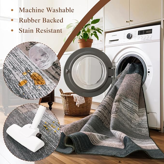 8x10 Washable Area Rugs for Living Room and Bedroom, Vintage Checkered Pattern Non-Slip Carpet, Stain Resistant Low Pile Soft Rug for Dining Room,Office,Nursery,Kids Room(8x10,Chocolate)