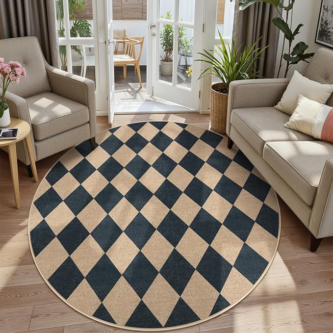 Lahome Checkered Round Rugs 6ft, Washable Easy Jute Circle Patio Rug Indoor Outdoor Rugs for Living Room, Farmhouse Natural Round Area Rug Contemporary Carpet for Entryway Backyard