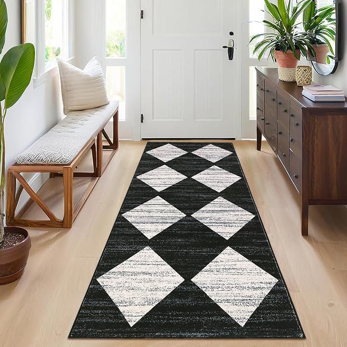 GarveeHome Kitchen Runner Rug Black Washable Rug for Front Door Entryway Hallway Distressed Checkered Mat Low Pile Neutral Area Rugs Non Slip Farmhouse Rugs 2x6