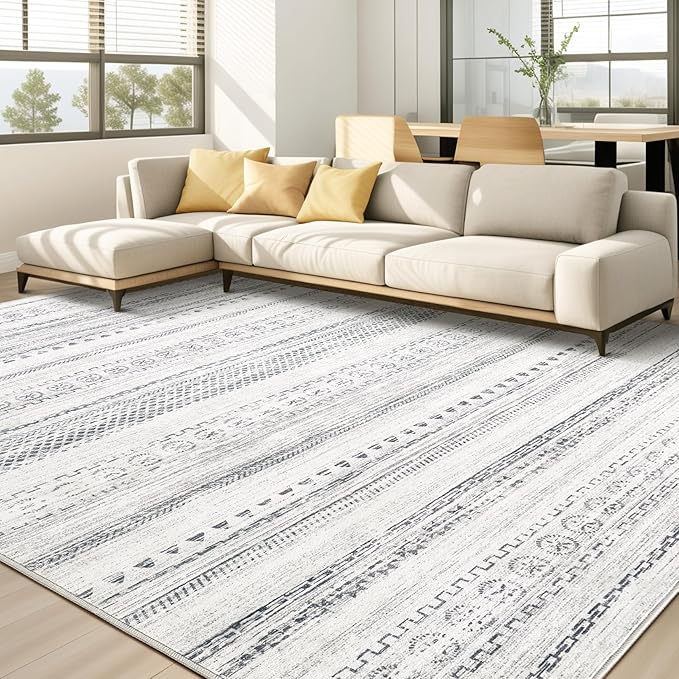 Area Rug Living Room Rugs - 10X14 Washable Boho Farmhouse Bohemian Neutral Large Moroccan Geometric Soft No Slip Indoor Thin Floor Carpet for Bedroom Under Dining Table Home Office -Grey