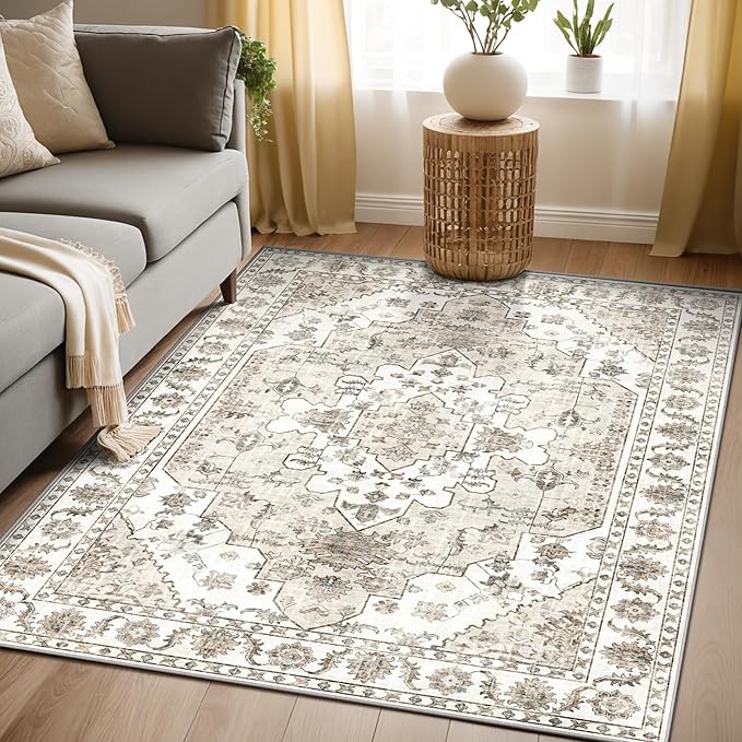 Area Rugs 5x7, Washable Rugs for Living Room, Non-Slip Rug, Boho Medallion Rug, Distressed Carpet, Low Pile Boho Rugs for Bedroom Dining Room