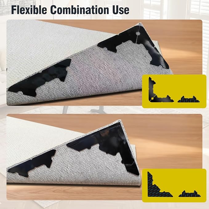 Large Non Slip Rug Pads 8 Pcs,Reusable Double Sided Carpet Tape for Hardwood Floors and Tiles,Extra Thick and Double Sided Adhesive to Secure Area Rugs,No Residue for Floor