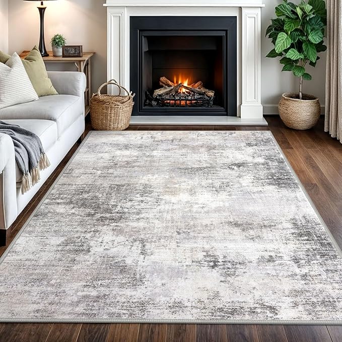 IOHOUZE Abstract Area Rugs 5x7 Ft Washable Rugs for Living Room, Non Slip Dining Room Rug, Printed Faux Wool Rugs for Bedroom, Floor Carpet for Kitchen Nursery Playroom, Grey Beige