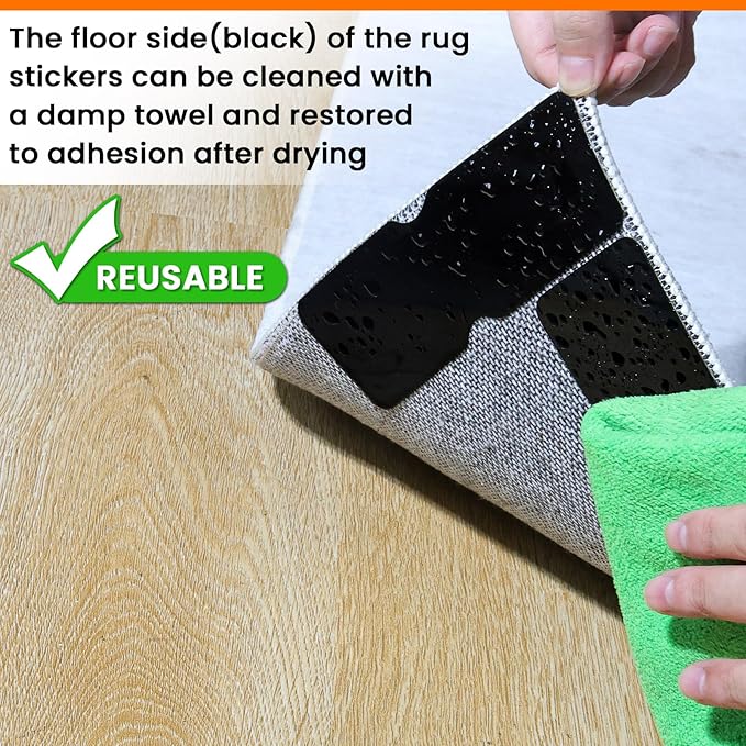 Rug Non Slip Grippers, Reusable Rug Tape Pads for Hardwood Floors, Tiles, No Residue Stickers for Wood Floor, Double Adhesive Carpet Tape for Area Rugs Corners Flat (16)