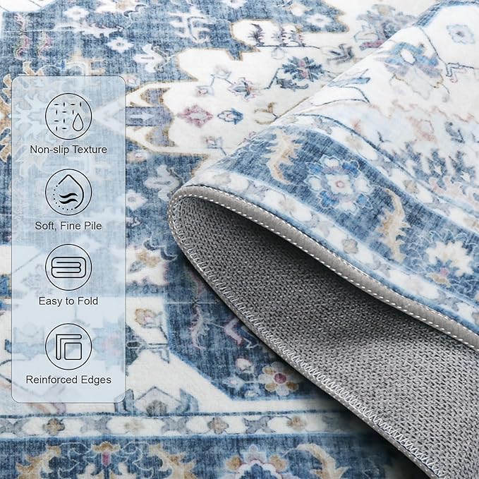 Area Rugs 5x7, Washable Rugs for Living Room, Non-Slip Rug, Boho Medallion Rug, Distressed Carpet, Low Pile Boho Rugs for Bedroom Dining Room