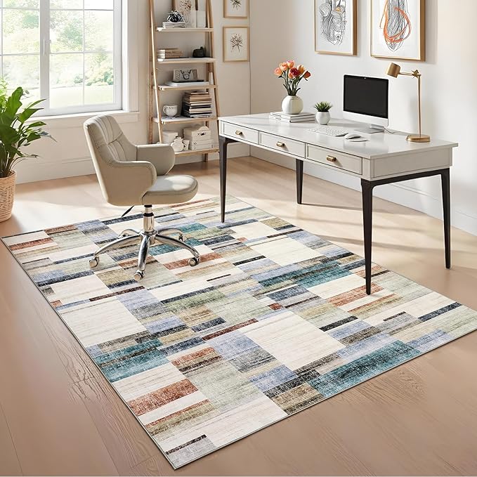 Washable Rug 10x13 Area Rug for Bedroom Farmhouse Geometric Living Room Rug Non Slip Large Area Rug Low Pile Throw Rugs Stain Resistant Carpet for Dining Room Multi 10'x13'