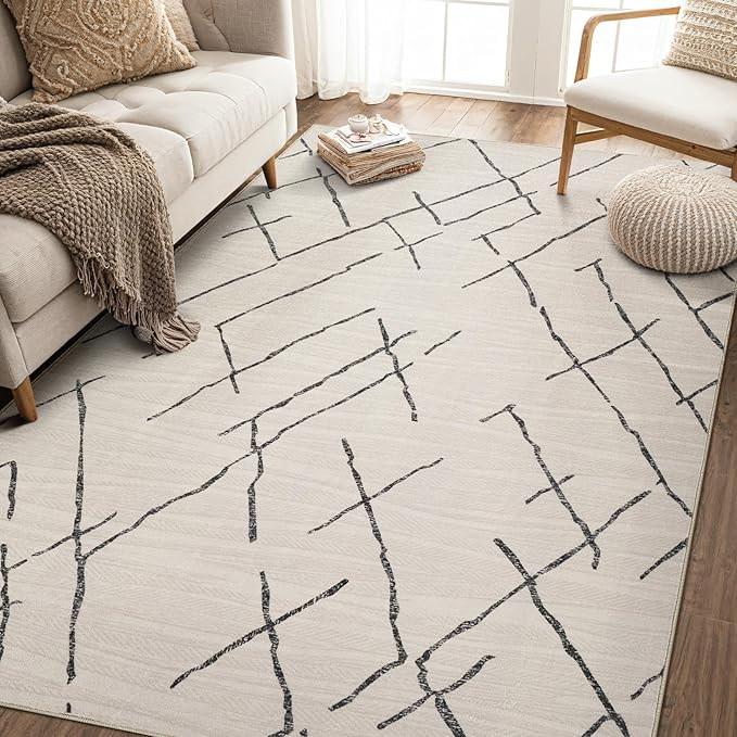 Area Rug Living Room Rugs - 5X7 Washable Boho Farmhouse Bohemian Neutral Large Moroccan Geometric Soft No Slip Indoor Thin Floor Carpet for Bedroom Under Dining Table Home Office - Beige