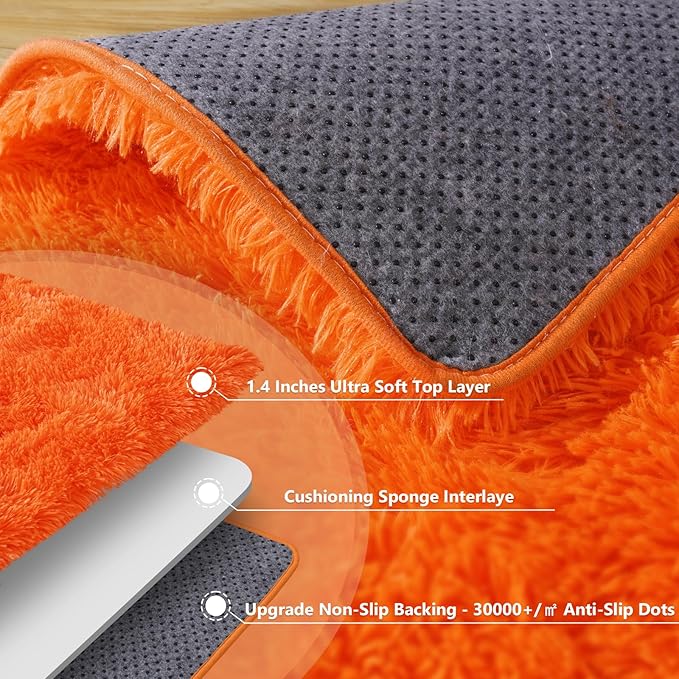 Orange Shag Rug for Bedroom, 4x5.9 Feet Fluffy Area Rugs for Living Room and Nursery, Soft and Comfy, Fuzzy Carpet for Girls Boys Kids Dorm Home Decor Aesthetic, Upgrade Non Slip