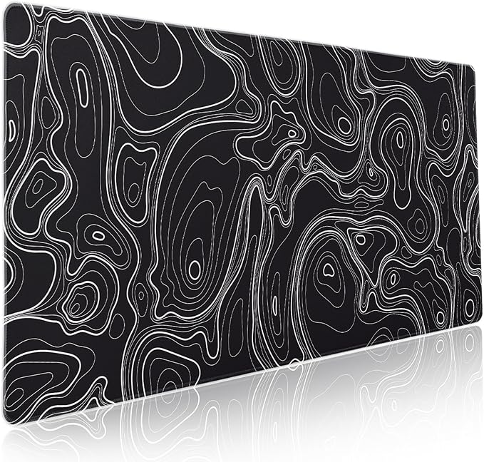 Topographic Map Black Gaming Mouse Pad XXL Minimalist Topo Geographic White Lines Extended Large Mousepad Desk Pad Non-Slip Rubber Base Stitched Edge Keyboard Pad Playmat for Computer,35.4×15.7 in