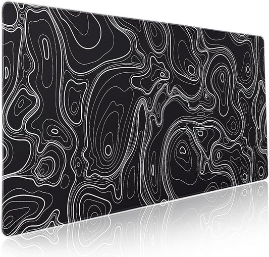 Topographic Map Black Gaming Mouse Pad XXL Minimalist Topo Geographic White Lines Extended Large Mousepad Desk Pad Non-Slip Rubber Base Stitched Edge Keyboard Pad Playmat for Computer,35.4×15.7 in