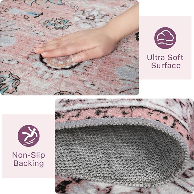 5x7 Washable Area Rug, Large Boho Rugs for Living Room, Pink Rugs for Bedroom Girls Dining Room Office, Anti Slip Low-Pile Stain Resistant Printed Vintage Floral Carpet Christmas Decor