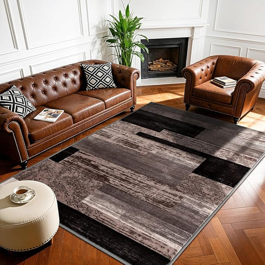 3x5 Washable Area Rugs for Living Room and Bedroom, Vintage Checkered Pattern Non-Slip Carpet, Stain Resistant Low Pile Soft Rug for Dining Room,Office,Nursery,Kids Room(3x5,Chocolate)