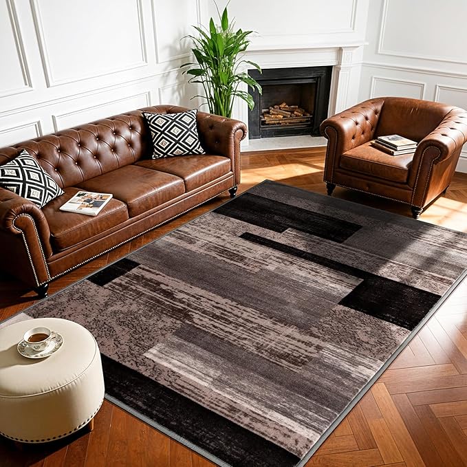 4x6 Washable Area Rugs for Living Room and Bedroom, Vintage Checkered Pattern Non-Slip Carpet, Stain Resistant Low Pile Soft Rug for Dining Room,Office,Nursery,Kids Room(4x6,Chocolate)