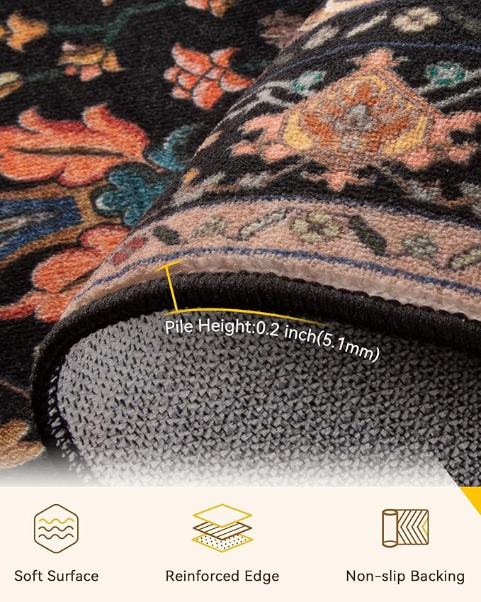 Area Rugs 5ft Washable Non-Slip, Floral Vintage Distress Print Pattern Medallion Carpet for Living Room Bedroom Dining Room, Black Colorful Floral Dark Tan