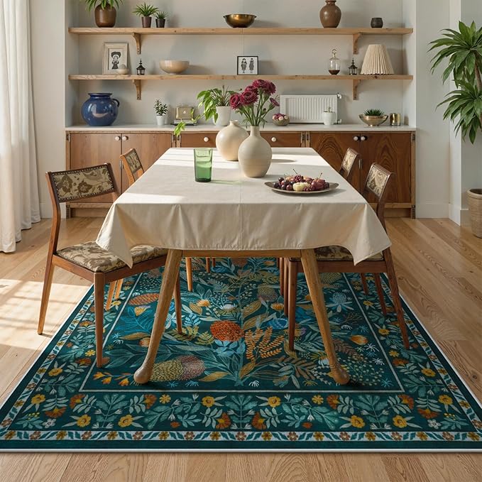 Anidaroel Botanical Print 5x7 Area Rugs for Living Room, Washable Soft Rugs for Bedroom Aesthetic, Non Slip Modern Rug Stain Resistant Dining Room Mat Throw Carpet for Dorm Nursery, Tea