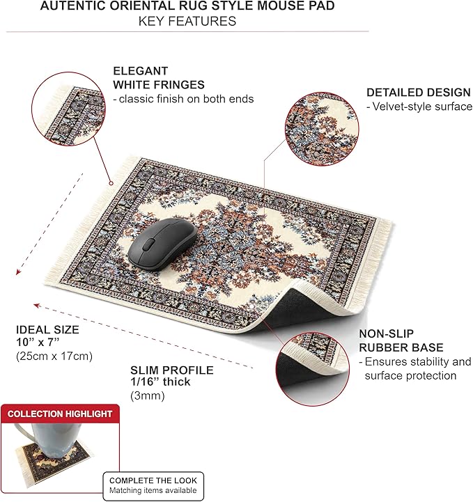 Inusitus Oriental Rug Mouse Pad – Mini Carpet Style Mousepad with Fringe, Non-Slip Rubber Base, Aesthetic Desk Accessory for Office & Home, Beige