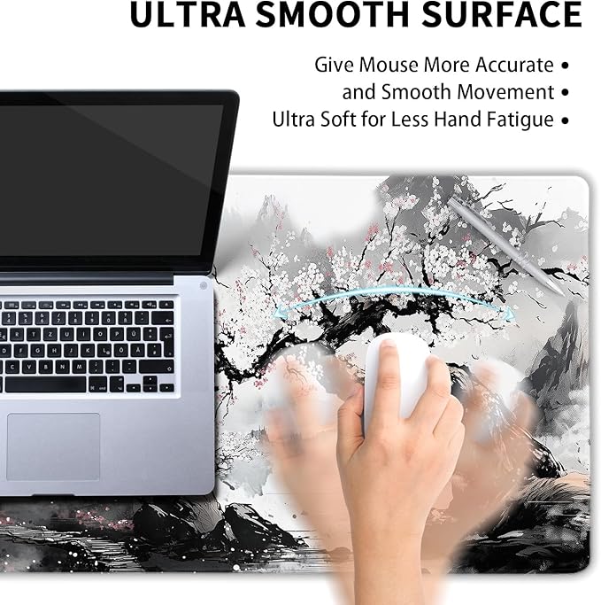 Black Whtie Japanese Gaming Mouse Pad XXL Anime Sakura Cherry Blossom Tree Extended Large Mat Mousepad Desk Pad Non-Slip Rubber Base Stitched Edge Keyboard Pad Playmat for Computer,35.4×15.7 Inch