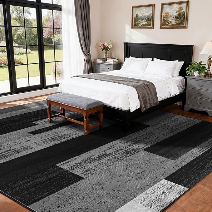 5x7 Washable Area Rugs for Living Room and Bedroom, Vintage Checkered Pattern Non-Slip Carpet, Stain Resistant Low Pile Soft Rug for Dining Room,Office,Nursery,Kids Room(5x7,Gray)