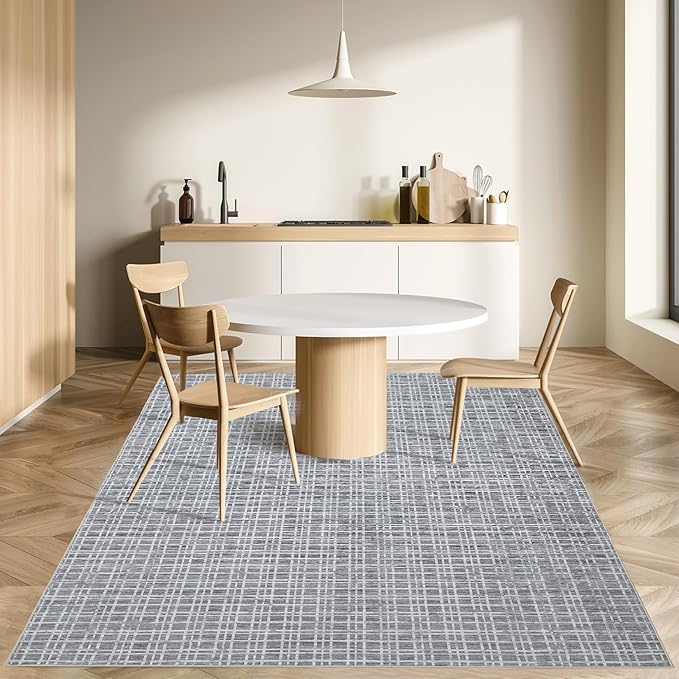 Washable Rug 6 x 9 Area Rug for Living Room Modern Large Area Rug for Bedroom Farmhouse Grid Non Slip Throw Rugs Soft Faux Wool Low Pile Stain Resistant Carpet for Dining Room 6'x9' Grey