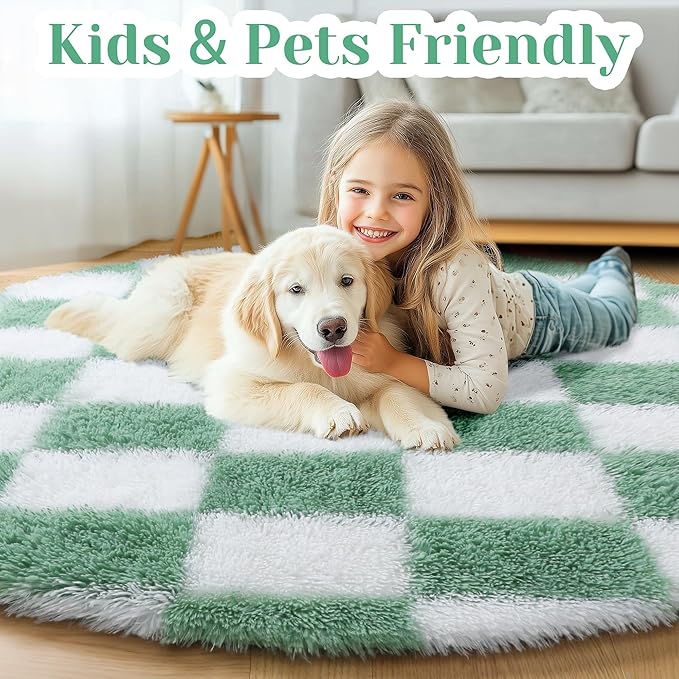 KICMOR Round Rugs 5ft for Bedroom Living Room, Fluffy Soft Circle Area Rug Fuzzy Shag Shaggy Carpet, Sage Green and White Checkered Circular Rug for Kids Boys Girls Room Nursery Home Decor Aesthetic