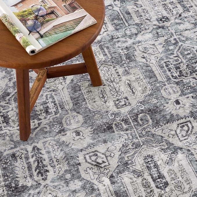 Hauteloom Carnig Bohemian Vintage Medallion Area Rug - Farmhouse Oriental Carpet for Living Room, Bedroom - Machine Washable- Off White, Dusty Blue, Charcoal - 7'10" x 10'3"